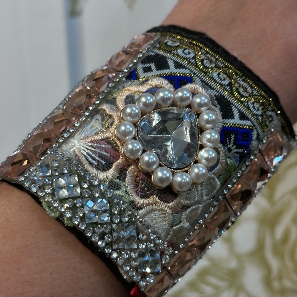 RUBYRUDI Cuff Bracelet Handcrafted OOAK Fabric Embellished Artisan Wearable Art - Picture 11 of 15